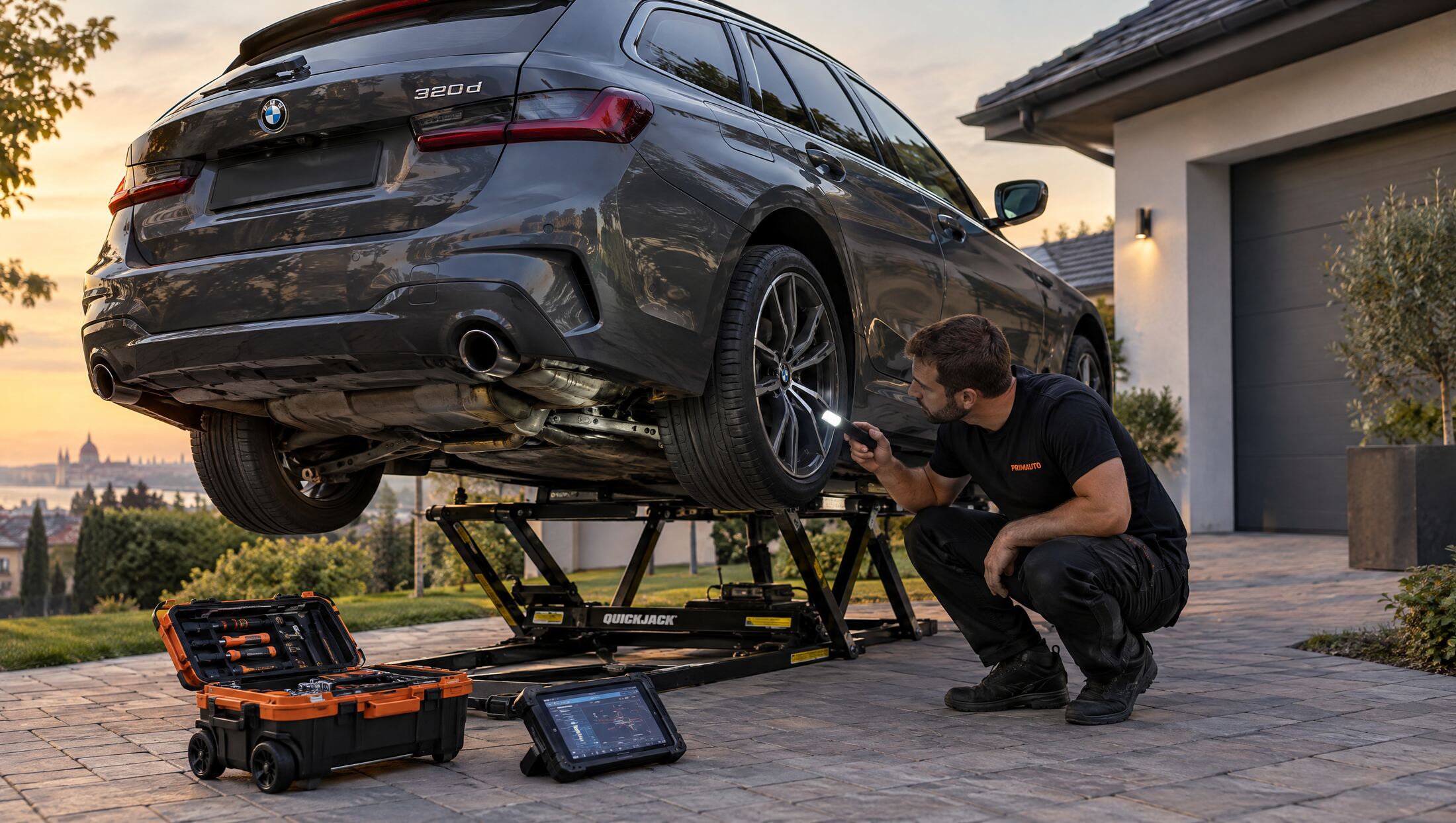 PRIMAUTO szakember felemelt BMW alvázát vizsgálja a helyszínen
